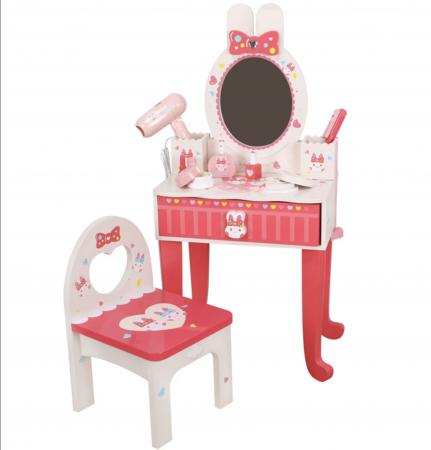 Masuta de frumusete cu oglinda, scaunel si accesorii, Iepurasul Red, din lemn [4]