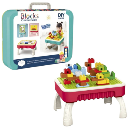 Jocuri si Jucarii - Masuta de joaca multifunctionala 2 in 1 cu 58 piese de constructie, rosu