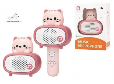 Microfon karaoke cu telecomanda, Bluetooth si incarcator cablu USB - Pisicuta roz [3]