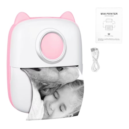 Jocuri si Jucarii - Mini imprimanta termica portabila de buzunar, Bluetooth, 203 DPI, alb-negru, roz