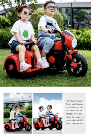 Vehicule electrice - Motocicleta electrica copii 609-1 cu atas detasabil, 2 locuri, 2 motoare, portbagaj dublu, 2-5 ani, rosu