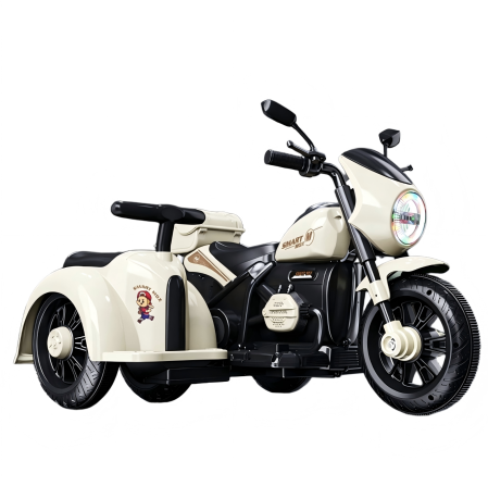 Vehicule electrice - Motocicleta electrica copii 609-1 cu atas detasabil, 2 locuri, 2 motoare, portbagaj dublu, 2-5 ani, crem