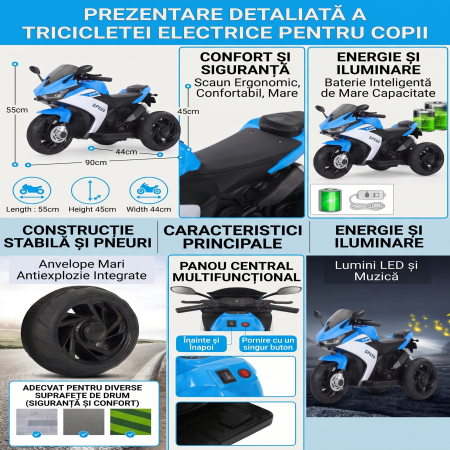 Vehicule electrice - Motocicleta electrica copii cu 3 roti model 618, 6V, 3 trepte viteza, USB MP3, max 30kg, 2-5 ani, albastru