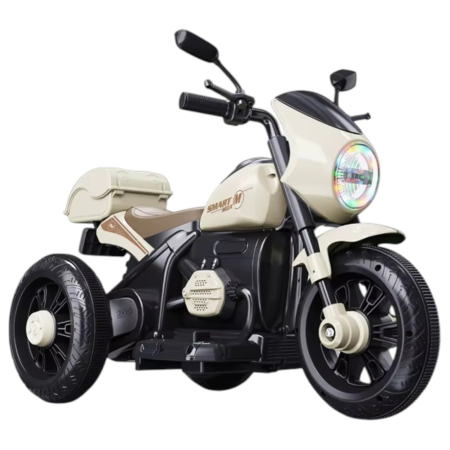 Vehicule electrice - Motocicleta electrica copii Retro 3 roti, 6V, portbagaj depozitare, lumini LED, muzica, 2-5 ani, crem
