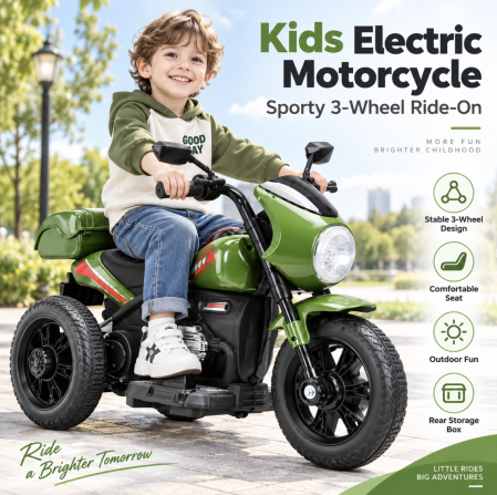 Vehicule electrice - Motocicleta electrica copii Retro 3 roti, 6V, portbagaj depozitare, lumini LED, muzica, 2-5 ani, verde