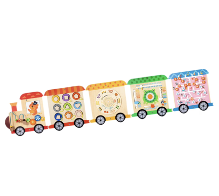 Jocuri si Jucarii - Panou senzorial educativ de perete, din lemn Trenulet Busy Board Montessori, 147 cm