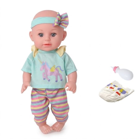 Jocuri si Jucarii - Papusa bebe 32 cm in costumas verde cu dungi, cu biberon, scutec, face pipi, articulatii mobile, 3+