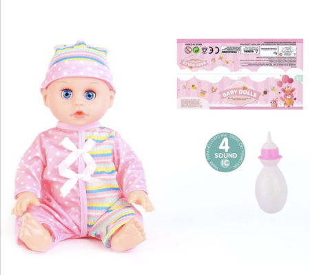 Jocuri si Jucarii - Papusa bebe interactiv, face pipi 30 cm salopeta roz, 11 fraze, biberon, 3 ani+