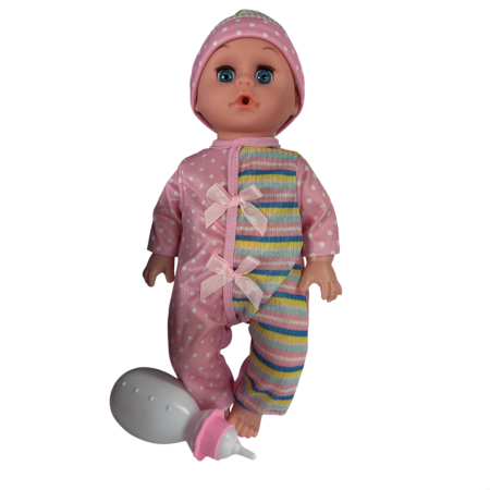Jocuri si Jucarii - Papusa bebe interactiv, face pipi 30 cm salopeta roz, 11 fraze, biberon, 3 ani+