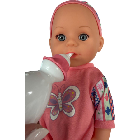 Papusa bebe 32 cm in salopeta roz, cu biberon, scutec, face pipi, articulatii mobile, 3+ [3]