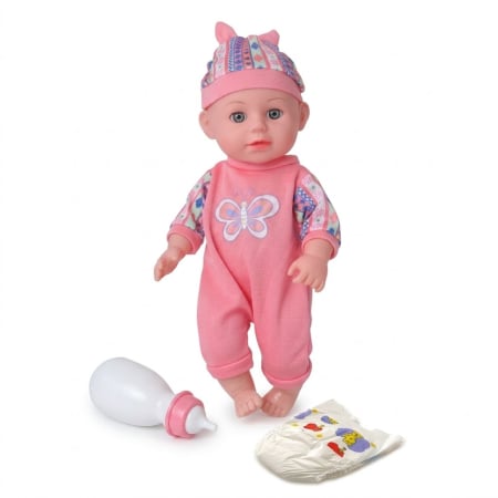 Jocuri si Jucarii - Papusa bebe 32 cm in salopeta roz, cu biberon, scutec, face pipi, articulatii mobile, 3+