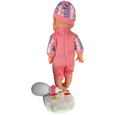 Papusa bebe 32 cm in salopeta roz, cu biberon, scutec, face pipi, articulatii mobile, 3+ [4]