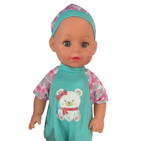 Papusa bebe 32 cm in salopeta verde, cu biberon, scutec, face pipi, articulatii mobile, 3+ [3]