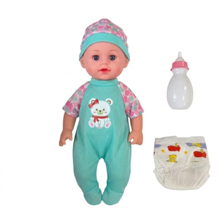 Jocuri si Jucarii - Papusa bebe 32 cm in salopeta verde, cu biberon, scutec, face pipi, articulatii mobile, 3+