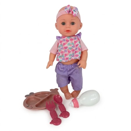 Jocuri si Jucarii - Papusa bebe 32 cm in costum multicolor, cu biberon, scutec, face pipi, articulatii mobile, 3+