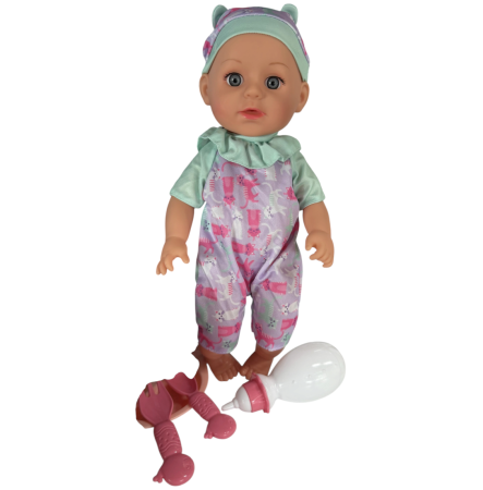 Jocuri si Jucarii - Papusa bebe 32 cm in salopeta multicolor, cu biberon, scutec, face pipi, articulatii mobile, 3+