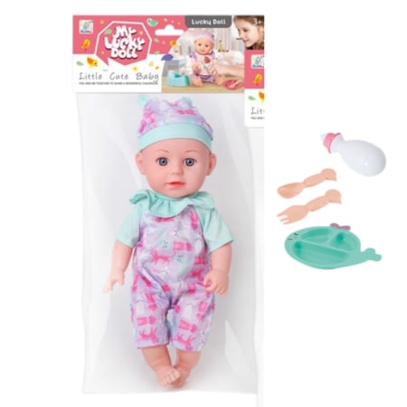 Jocuri si Jucarii - Papusa bebe 32 cm in salopeta multicolor, cu biberon, scutec, face pipi, articulatii mobile, 3+