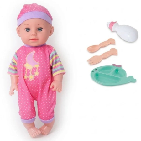 Jocuri si Jucarii - Papusa bebe 32 cm, in salopeta roz, cu biberon, scutec, face pipi, articulatii mobile, 3+