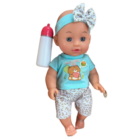 Jocuri si Jucarii - Papusa baietel, costum cu imprimeu, 30 cm cu biberon, face pipi, 10 sunete, 3 ani+