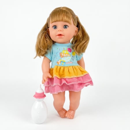 Jocuri si Jucarii - Papusa 33 cm cu par lung aramiu si articulatii mobile, face pipi, material dur, 3+