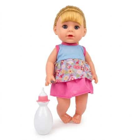 Jocuri si Jucarii - Papusa 33 cm cu par lung blond si articulatii mobile, face pipi, material dur, 3+