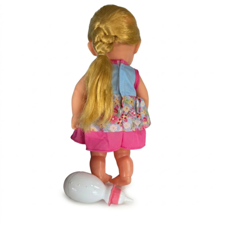 Jocuri si Jucarii - Papusa 33 cm cu par lung blond si articulatii mobile, face pipi, material dur, 3+