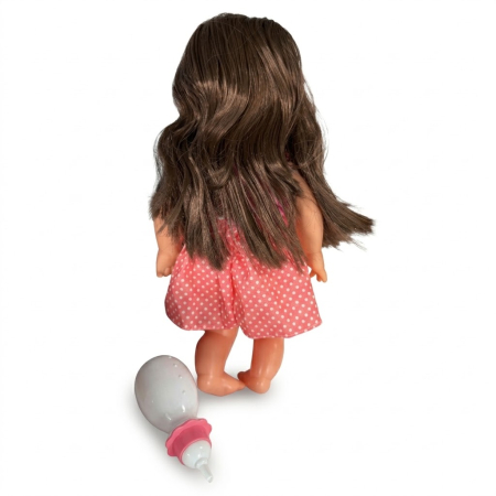 Jocuri si Jucarii - Papusa 33 cm cu par lung brunet i articulatii mobile, face pipi, material dur, 3+