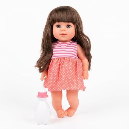 Jocuri si Jucarii - Papusa 33 cm cu par lung brunet i articulatii mobile, face pipi, material dur, 3+