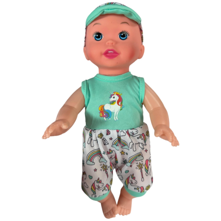 Jocuri si Jucarii - Papusa bebe 30 cm cu costumas verde și sapca, articulații mobile, 3+