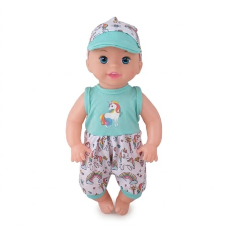 Jocuri si Jucarii - Papusa bebe 30 cm cu costumas verde și sapca, articulații mobile, 3+