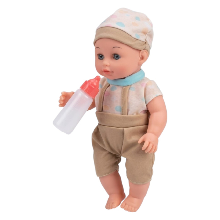 Jocuri si Jucarii - Papusa baietel, salopeta crem, 30 cm cu biberon, face pipi, 10 sunete, 3 ani+