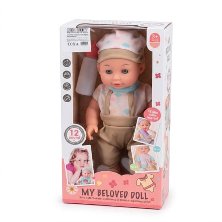 Jocuri si Jucarii - Papusa baietel, salopeta crem, 30 cm cu biberon, face pipi, 10 sunete, 3 ani+