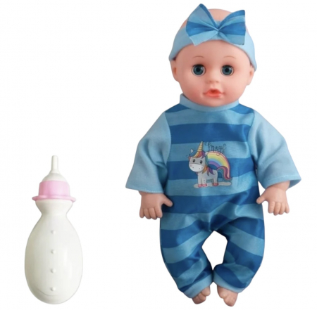 Jocuri si Jucarii - Papusa bebelus cu biberon, 30 cm, bleu