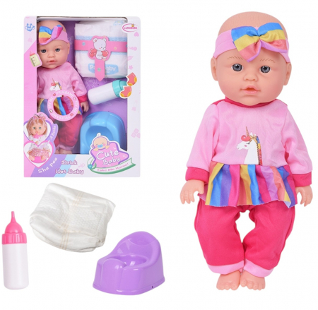 Papusi: bebelusi si personaje din desene animate - Papusa Cute baby girl roz cu 5 accesorii vorbeste in limba romana
