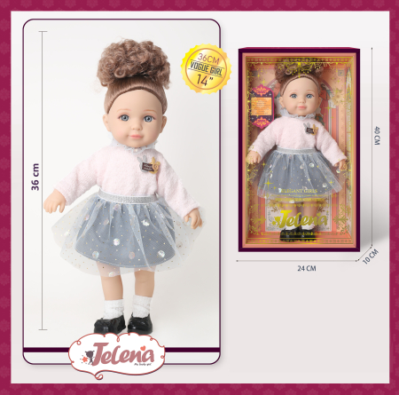 Papusa soft Jelena 36 cm roz-gri, ochi 3D, corp bumbac, cutie cadou, 3+ [3]