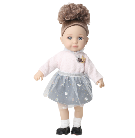 Jocuri si Jucarii - Papusa soft Jelena 36 cm roz-gri, ochi 3D, corp bumbac, cutie cadou, 3+