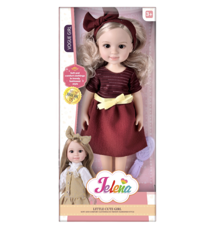 Jocuri si Jucarii - Papusa Jelena 38 cm cu rochie superba visinie si perie de par, cutie cadou, 3+