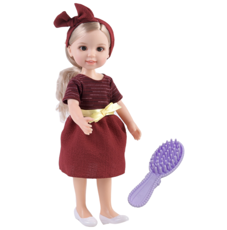 Jocuri si Jucarii - Papusa Jelena 38 cm cu rochie superba visinie si perie de par, cutie cadou, 3+
