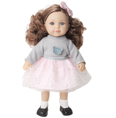 Jocuri si Jucarii - Papusa soft Jelena 36 cm gri-roz, ochi 3D, corp bumbac, cutie cadou, 3+
