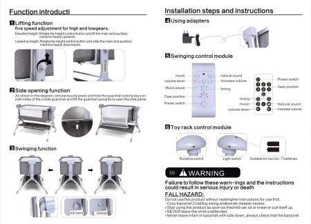 Patut co-sleeper reglabil cu functie de leagan electric, saltea inclusa, cu telecomanda si carusel muzical, A6 gri [12]