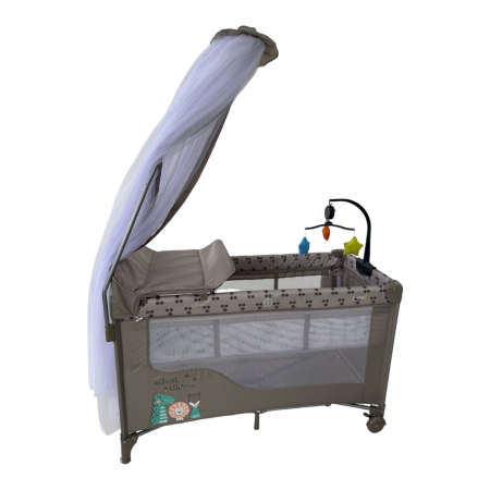 Patut cu saltea de infasat, cu doua nivele, baldachin si carusel P01 crem [3]