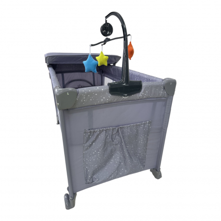 Patut cu saltea de infasat, cu doua nivele, baldachin si carusel P01 gri [2]