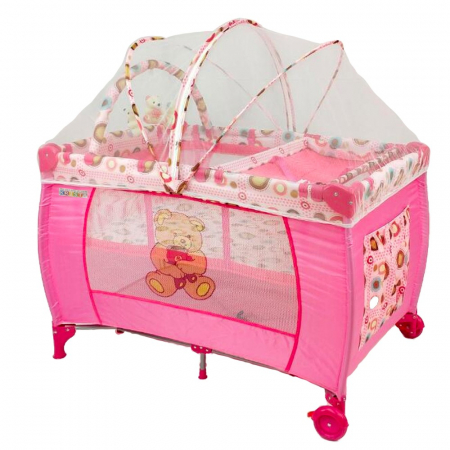 Patuturi si mobilier pentru camera copilului - Patut pliabil si tarc, 2 nivele, 120 x 60 cm, Roz - Krista®