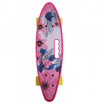 Skateboard - PennyBoard cu maner si lumini in roti, Flori Roz