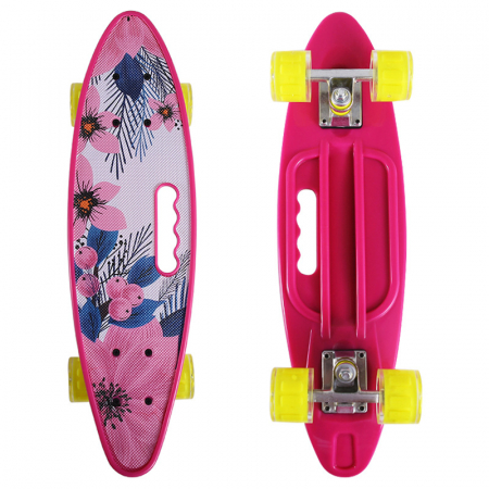 Skateboard - PennyBoard cu maner si lumini in roti, Flori Roz