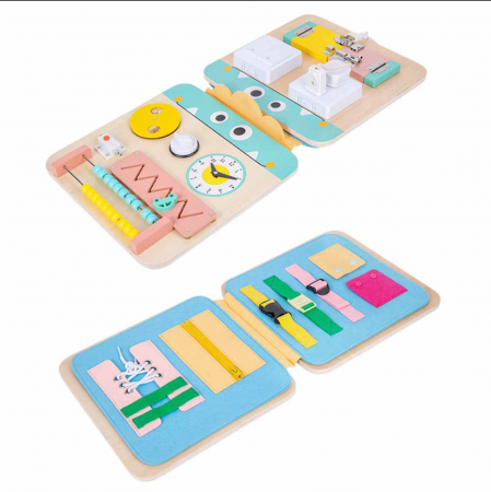 Placa activitati Montessori Busy Board pliabila si reversibila 17 activitati, din lemn [6]