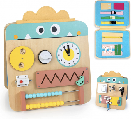Jocuri si Jucarii - Placa activitati Montessori Busy Board pliabila si reversibila 17 activitati, din lemn