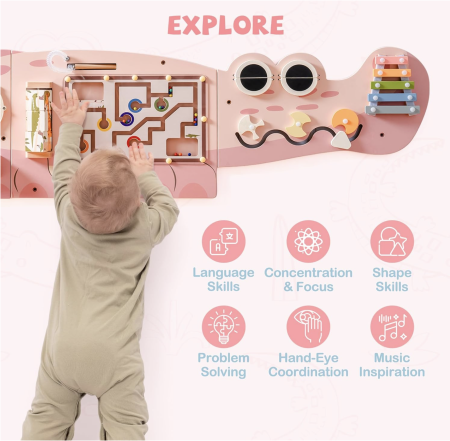 Placa Montessori Busy Board 10 activitati Dinozaur, din lemn, roz [5]