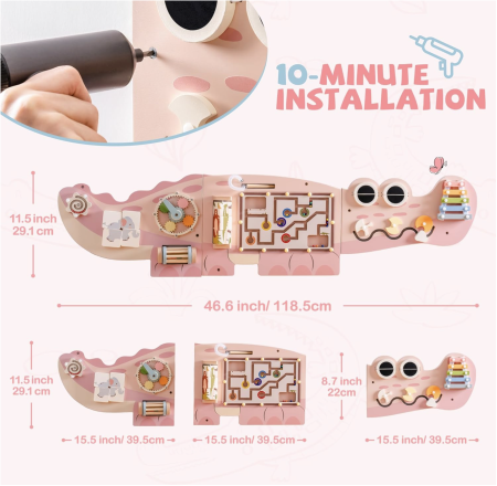 Placa Montessori Busy Board 10 activitati Dinozaur, din lemn, roz [6]