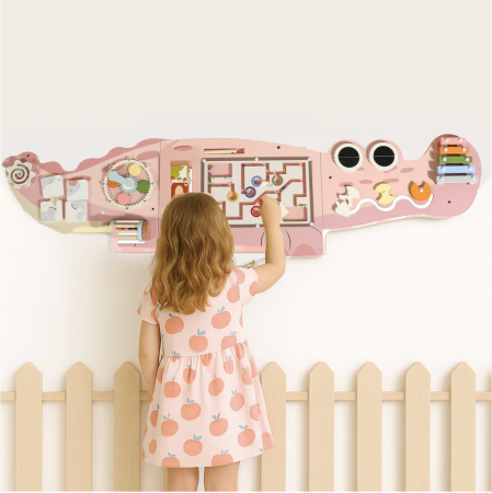 Jocuri si Jucarii - Placa Montessori Busy Board 10 activitati Dinozaur, din lemn, roz